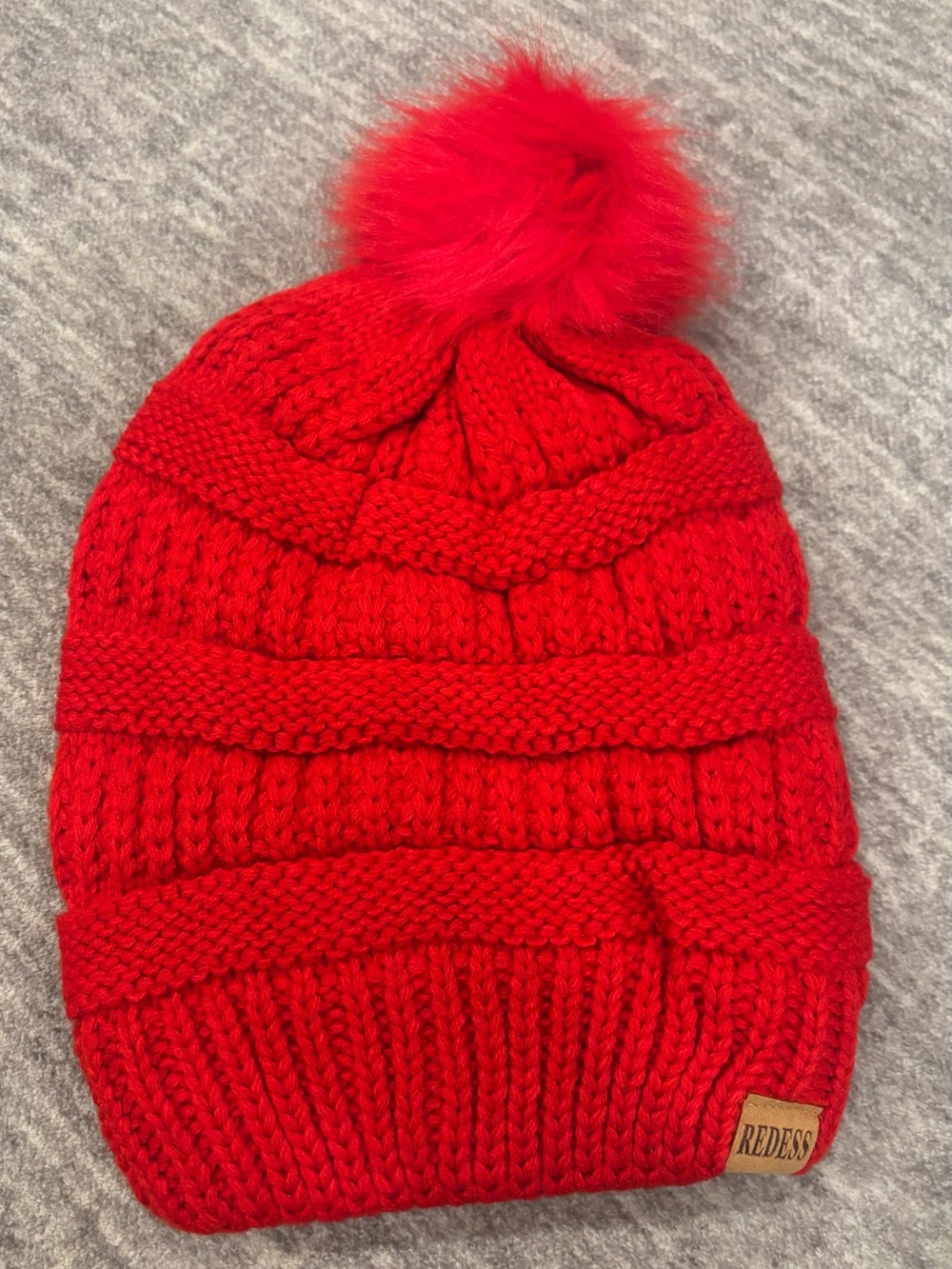 Kids Red Knit Pom Beanie with Faux Fur Pom - Red